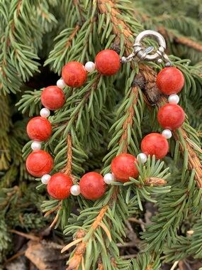 Red Coral Bead and glass Pearl Bracelet Sterling Silver
